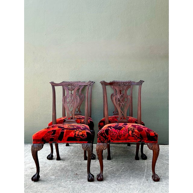 Brown Vintage Hand Carved Chippendale Dining Chairs in 80s Yves St Laurent Printed Velvet - Set of 4 For Sale - Image 8 of 12