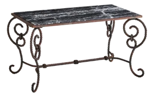 French Braided Wrought Iron Coffee Table with Nero Marquina Marble Top, 1940s