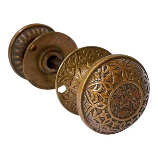 1870s Antique American Cast Bronze Door Knobs With Rosettes - A Pair For Sale