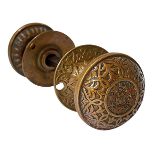 1870s Antique American Cast Bronze Door Knobs With Rosettes - A Pair