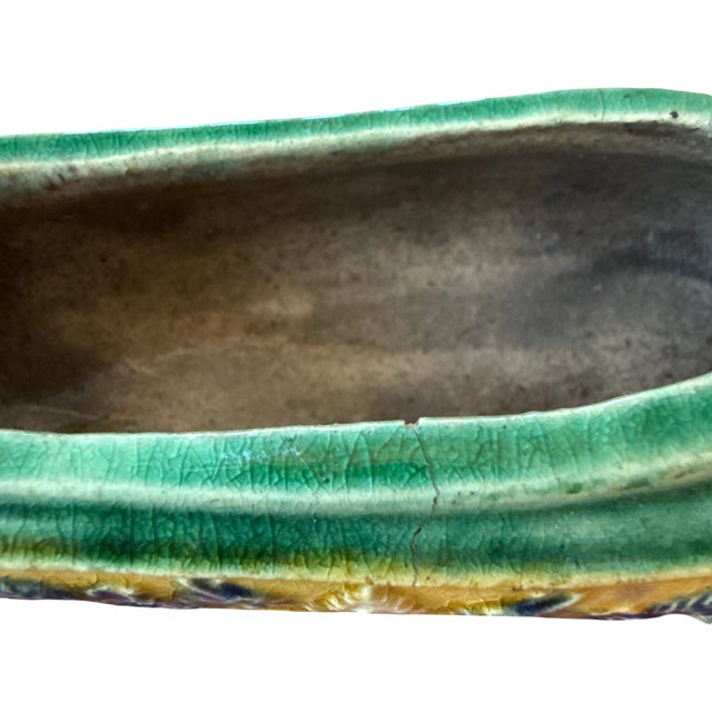 Antique Asian Pottery Scholar's Object, Green Crackle Glaze With Blue Dragon Relief For Sale In West Palm - Image 6 of 7