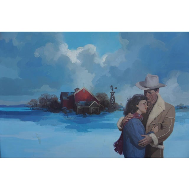 Figurative Mid 20th Century Robert Albert Maguire Lovers in a Winter Landscape Oil Painting on Board For Sale - Image 3 of 6