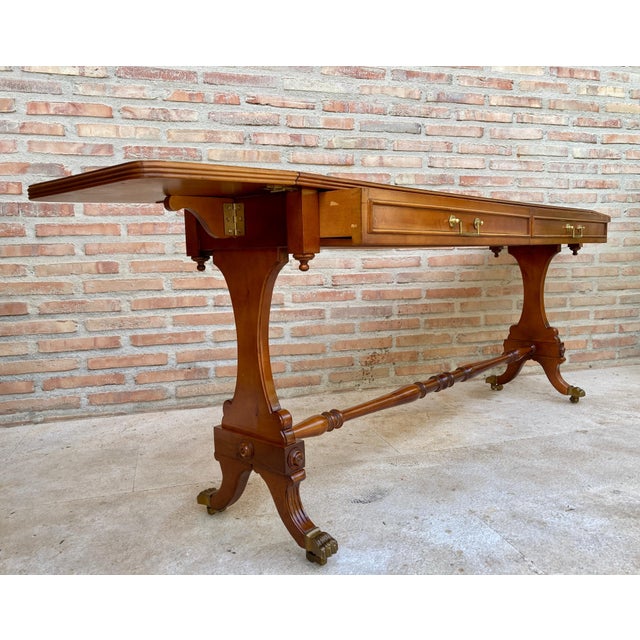 Mid 20th Century Winged Console Table in Walnut with Claw Feet in Bronze with Drawers and Wheels For Sale - Image 4 of 18