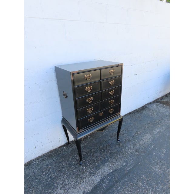 Drexel Painted Black Silver Jewelry Chest Lingerie Cabinet Queen Anne Legs 6330 For Sale - Image 14 of 17