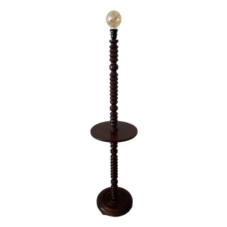 Vintage Turned Wood Floor Lamp with Integrated Shelf, 1970s For Sale