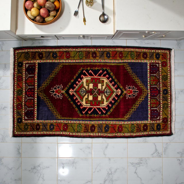 Hollywood Regency 1970s Hand Knotted Small Turkish Rug Entryway Decor Bath Mat Kitchen Rug - 22'' X 39'' For Sale - Image 3 of 10