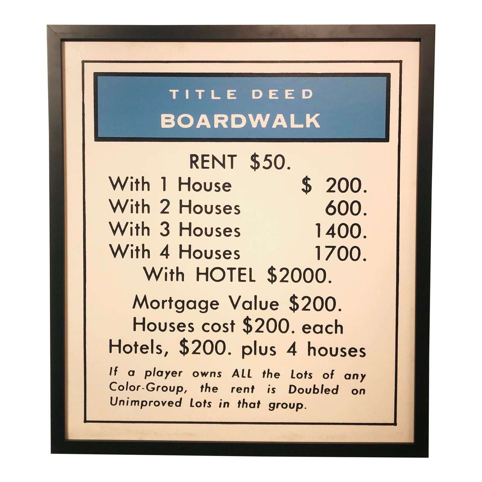 1970s Mid-Century Monopoly Boardwalk Deed Art Print | Chairish