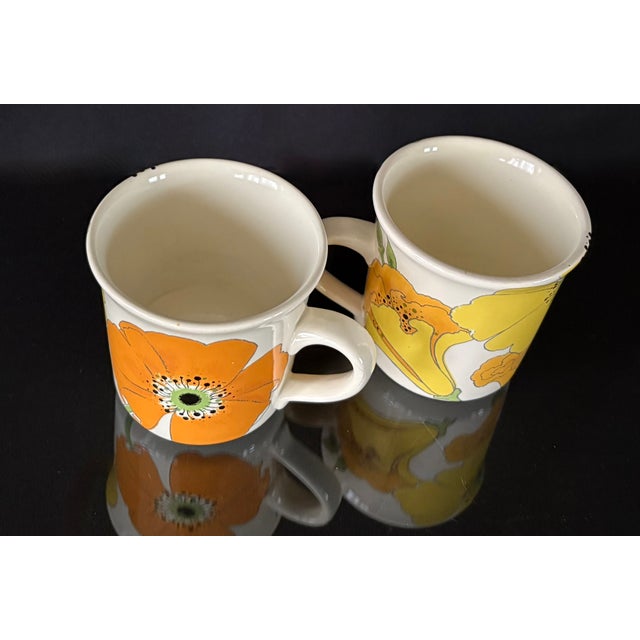 Mid-Century Modern Pair of Mid-Century Modern Yellow and Orange Flower Glazed Pottery Mugs Vintage 1970s For Sale - Image 3 of 4