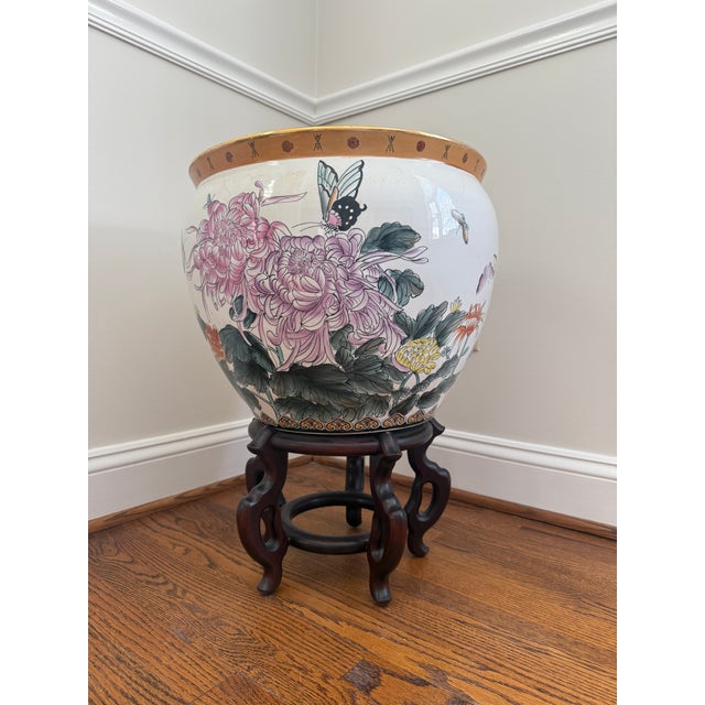 Gorgeous Vintage Large Chinese Ceramic Fish Bowl Planter c. mid-20th century. The planter features colorful hand-painted...