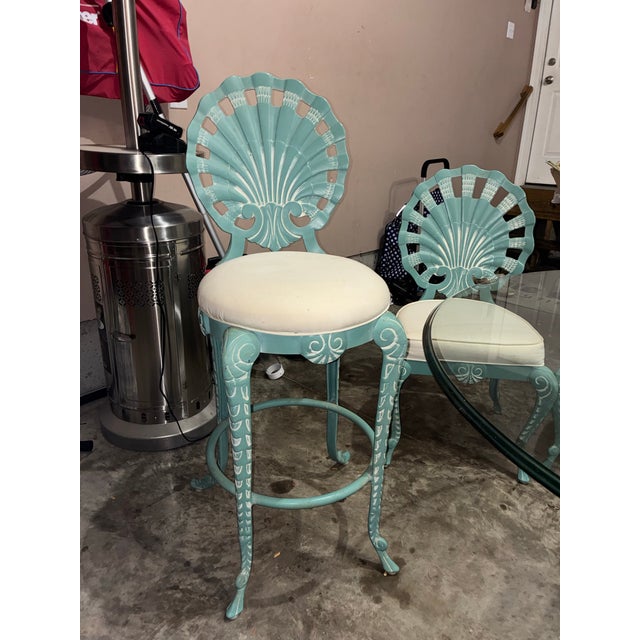 Hollywood Regency Hollywood Regency Veneman Cast Aluminum Clamshell Patio Set With Tags, Four Chairs, Bar Stools, and Glass Pedestal Table, 7 Pieces For Sale - Image 3 of 12
