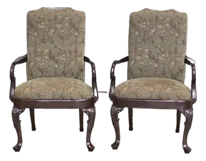 Late 20th Century Pair of Henredon Mahogany Open Arm Chairs Queen Anne Style Designer Fabric