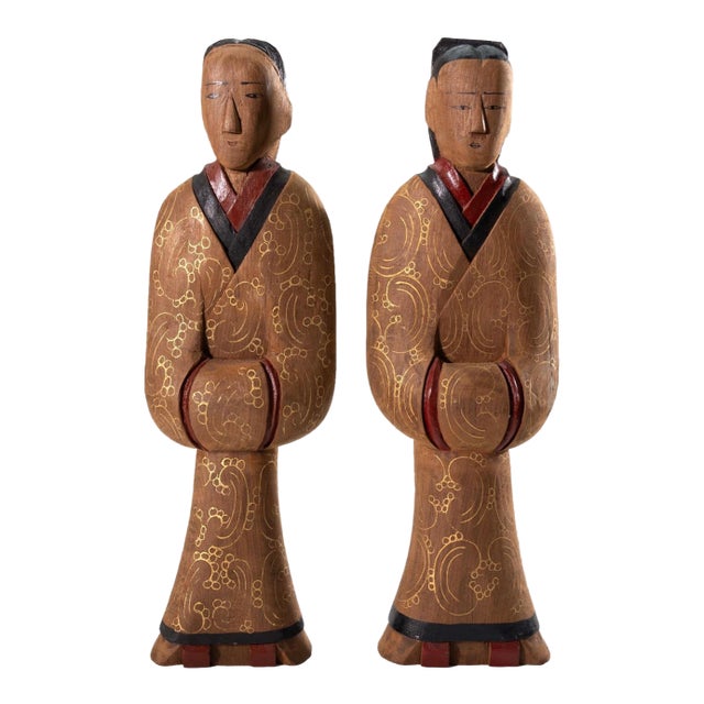 Pair of Vintage Chinese Wood Hand Painted Lacquer Figurine Sculptures Shanghai For Sale