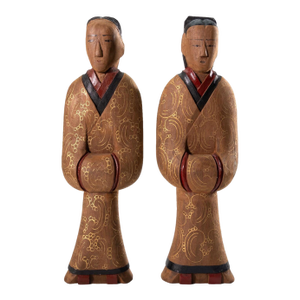 Pair of Vintage Chinese Wood Hand Painted Lacquer Figurine Sculptures Shanghai