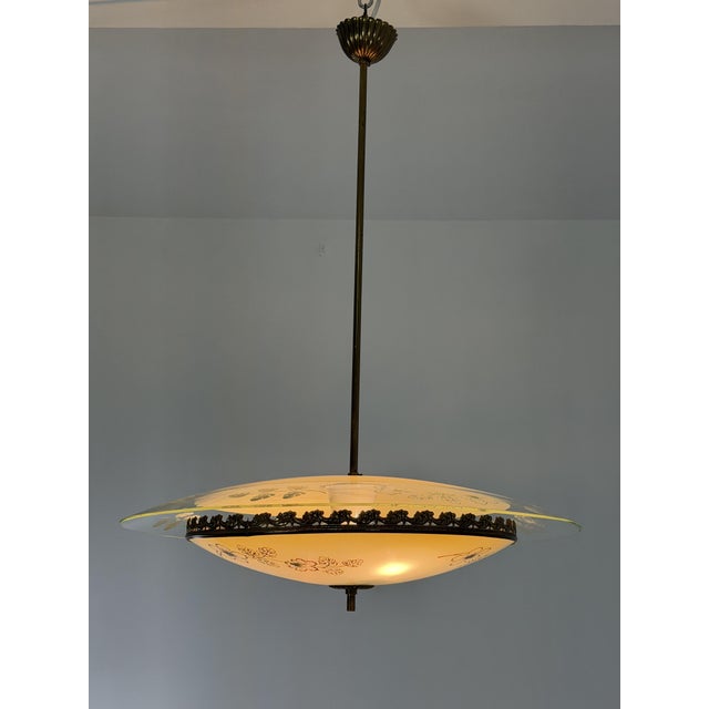 Metal Murano Glass and Brass Pendant Light in the style of Pietro Chiesa for Fontana Arte, 1950s For Sale - Image 7 of 15