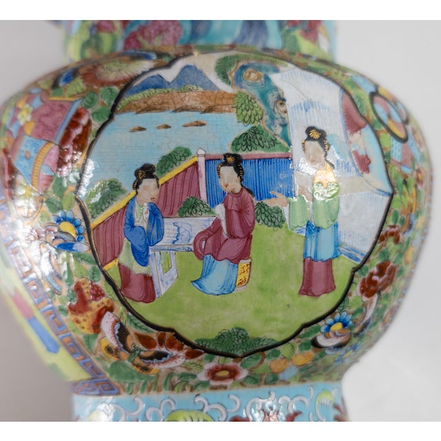 Ceramic 19th Century Chinese Unusual Qing Rose Medallion Yen Yen Vase, Canton Enamel on Stoneware For Sale - Image 7 of 18