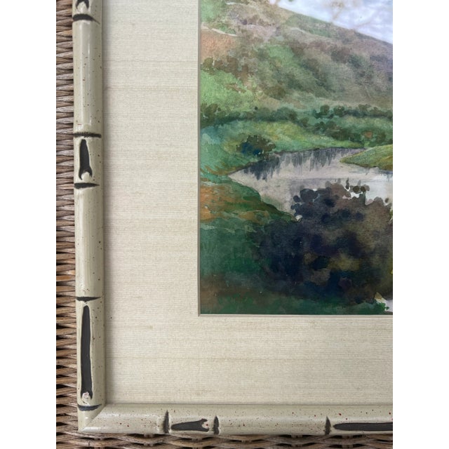 Rustic Watercolor Landscape River Painting in Faux Bamboo Frame For Sale - Image 3 of 13