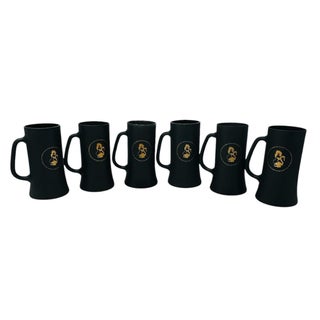 1960s the Playboy Club Matte Black & Gold Glass Beer Steins - Set of 6 For Sale