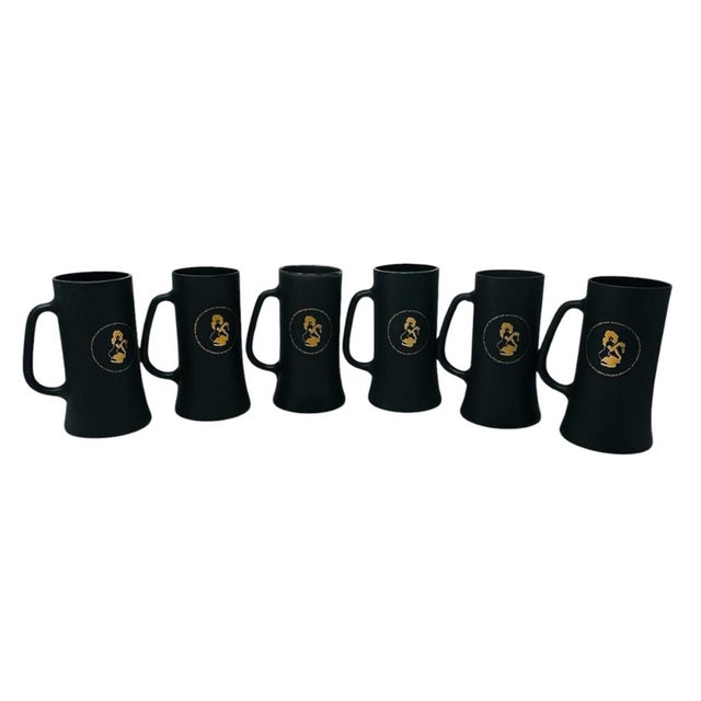 1960s the Playboy Club Matte Black & Gold Glass Beer Steins - Set of 6 For Sale
