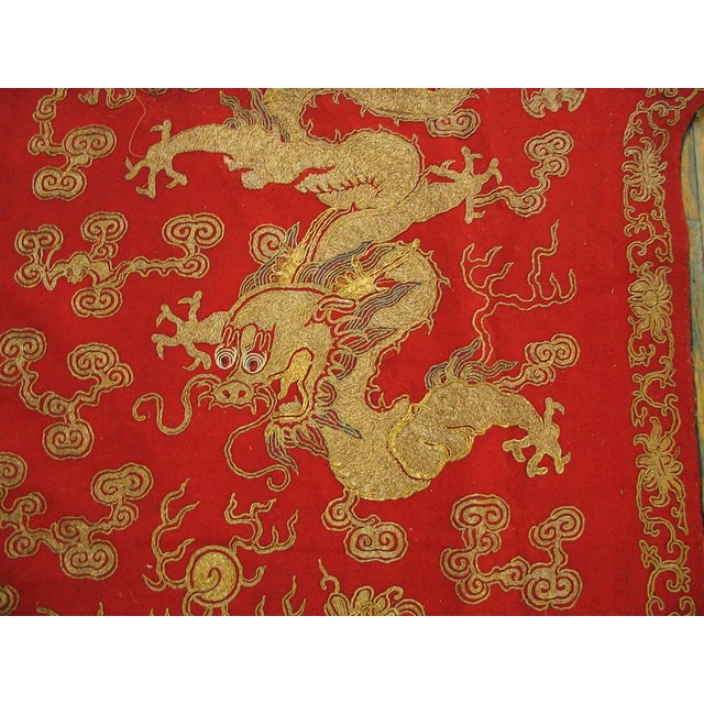 Late 19th Century 1870s Red Antique Chinese Silk & Gold Thread Embroidery Rug 5'5" X 5'6" Flatweave Carpet For Sale - Image 5 of 6