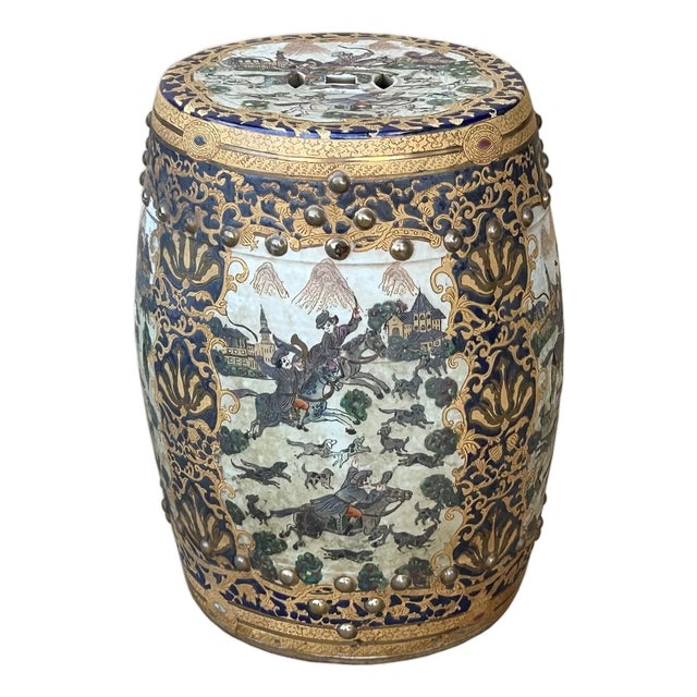 Vintage Oriental Chinoiserie Western Graphic Porcelain Stool Table Ottoman For Sale