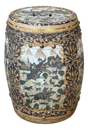 Vintage Oriental Chinoiserie Western Graphic Porcelain Stool Table Ottoman