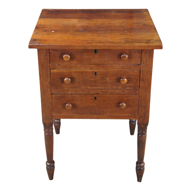 Antique Early American Cherry Three Drawer Silver Chest Side Table Stand 31" For Sale