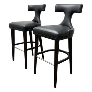 Global Views Anvil Black Leather Bar Stools, Pair For Sale