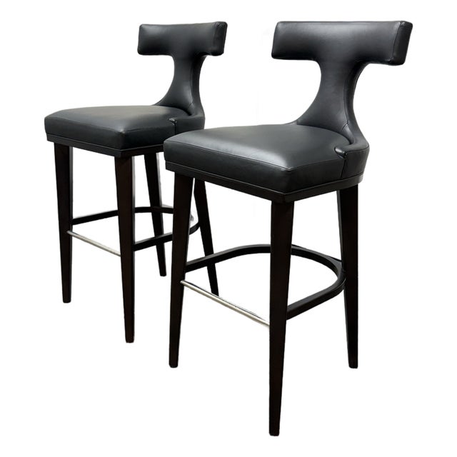 Global Views Anvil Black Leather Bar Stools, Pair For Sale