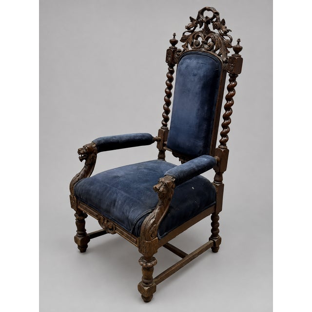 Wood 19th Century Renaissance Revival Carved Lion Oak Arm Chair For Sale - Image 7 of 8