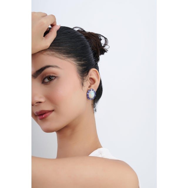 Cornflower Blue 18k White Gold 14.24ct Fire Opal & Blue Sapphire Cluster Diamond Vintage Earrings- A Pair For Sale - Image 8 of 18