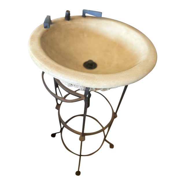 Artisan Chiseled Travertine Stone Vessel Sink on Hand-Forged Wrought Iron Pedestal For Sale