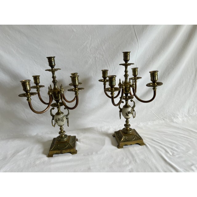 Rare and unique find. Pair of brass, copper and Oynx Candelabras. A large, beautiful and very decorative pair of...
