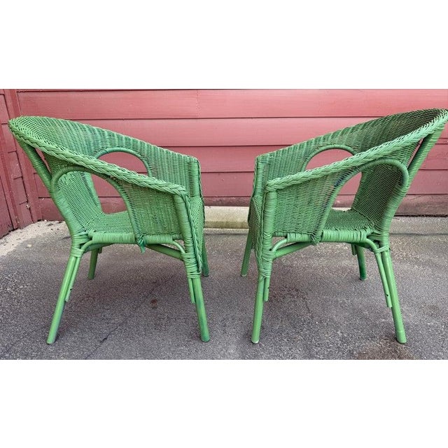 1940s Original Painted Mint Green Wicker Chairs -Pair For Sale - Image 4 of 8