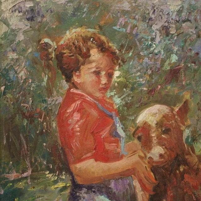 Italian Artist, Girl with a Calf, Mid-20th Century, Oil on Board For Sale - Image 7 of 13