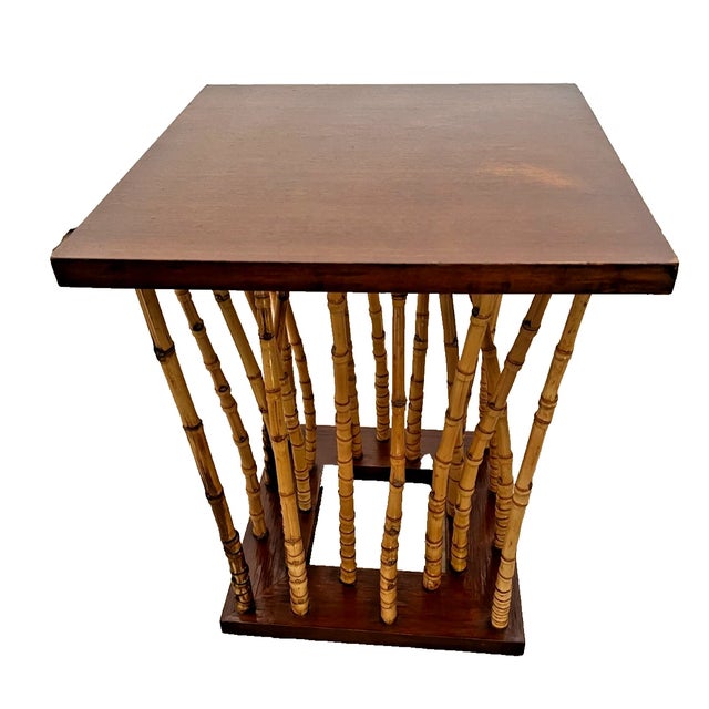 1960s Mid-Century Side Table Hollywood Regency Bamboo & Wood Forest-Base For Sale - Image 5 of 12