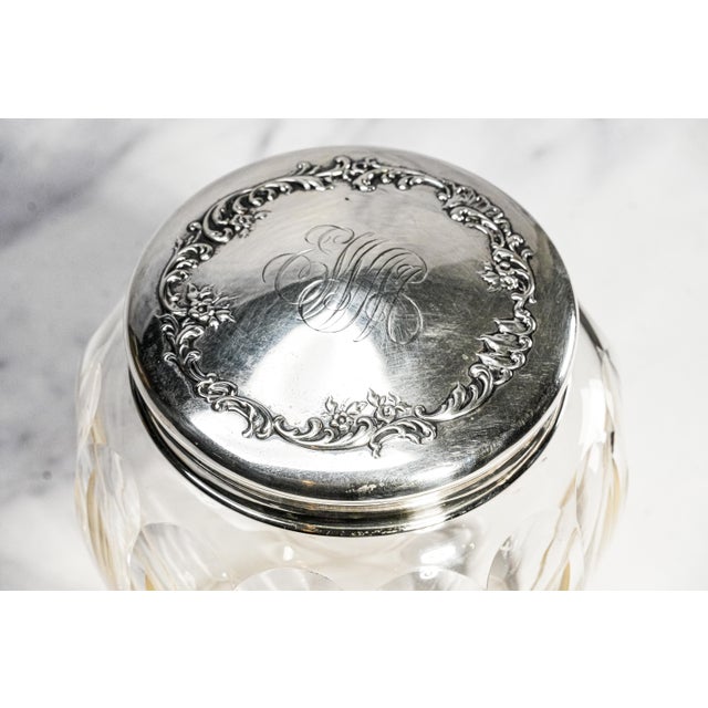 Metal Wonderful Large Antique Sterling Silver Crystal Vanity Jar Edwardian Faceted Dresser Cut Crystal For Sale - Image 7 of 17