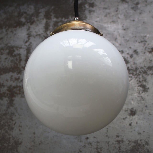 White Opaline Glass and Brass Globe Pendant Light For Sale - Image 6 of 8