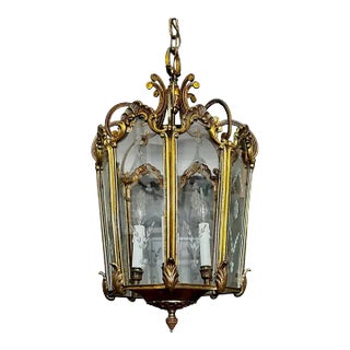 French Rococo Brass Etched Glass Lantern Hall Light For Sale