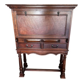 Vintage Carved Wood Bargueno Style Chest on Stand Bar With Drawers For Sale
