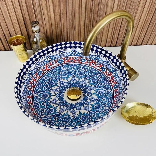 Moroccan Ceramic Hand Painted Blue Ceramic Top Sink for Bathroom For Sale - Image 6 of 7