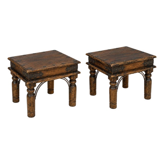 Late 20th Century Pair of Old-World Rustic Hacienda End Tables — Solid Wood & Forged Iron — Restored Finish With Patina Preserved For Sale