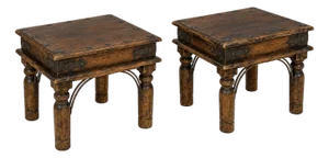 Late 20th Century Pair of Old-World Rustic Hacienda End Tables — Solid Wood & Forged Iron — Restored Finish With Patina Preserved