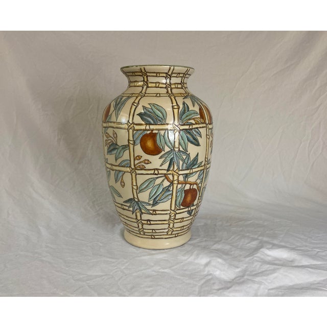 Vintage Asian Style Ceramic Vase With Hand Painted Bamboo and Peaches ...