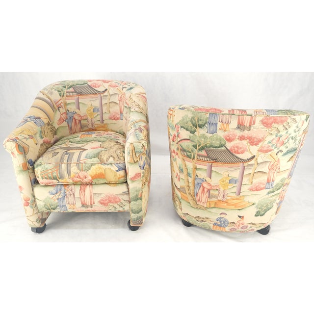Custom Pair Asian Silk Motive Round Barrel Back Upholstery Lounge Chairs Casters MINT!