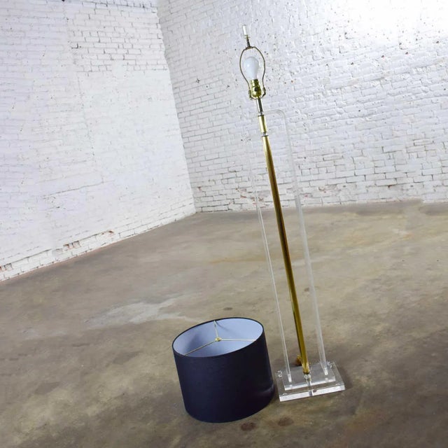 Transparent Vintage Mid-Century Modern Art Deco or Hollywood Regency Floor Lamp Lucite and Brass Plate Black Shade For Sale - Image 8 of 17