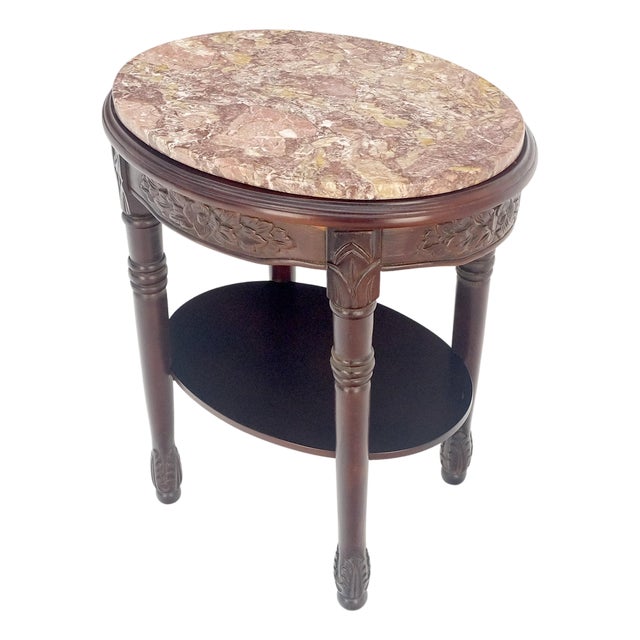 Fine Carved Solid Mahogany Marble Oval Marble Top Stand Pedestal Lamp Table MINT For Sale