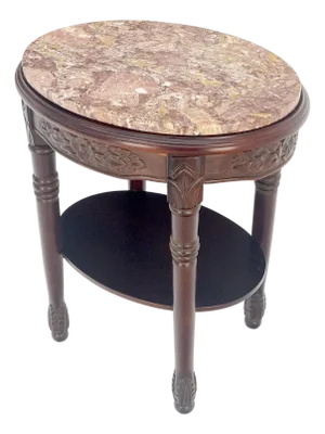 Fine Carved Solid Mahogany Marble Oval Marble Top Stand Pedestal Lamp Table MINT