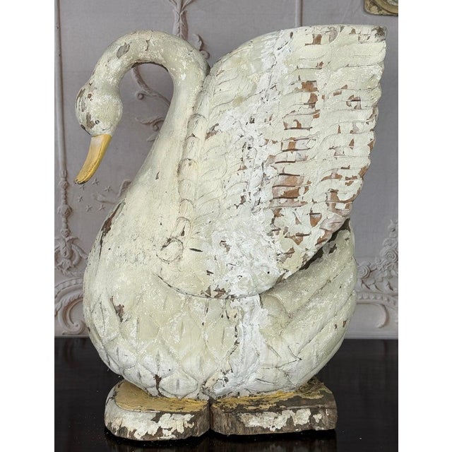 Large Antique Folk Art Carved Wood Swan - Original White Patina For Sale - Image 15 of 18