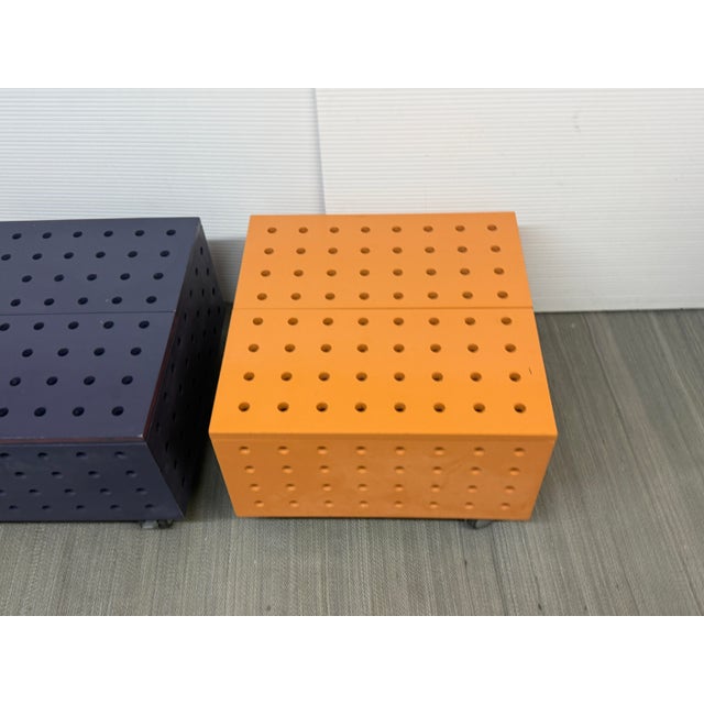 Purple + Orange Peg Board Storage Tables on Casters, Set of Two For Sale In San Francisco - Image 6 of 12