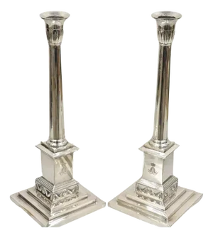 Antique English Edwardian Silver Plated Tall Column Candlestick Candleholders- a Pair